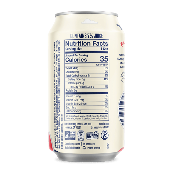 SunSip Classic Cola left slide of can showing nutrition panel.